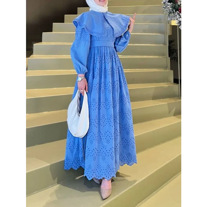Pelerin Yaka Dantel Detaylı Elbise  -Mavi