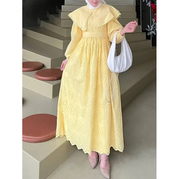 Pelerin Yaka Dantel Detaylı Elbise  -Sarı