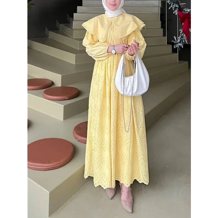Pelerin Yaka Dantel Detaylı Elbise  -Sarı