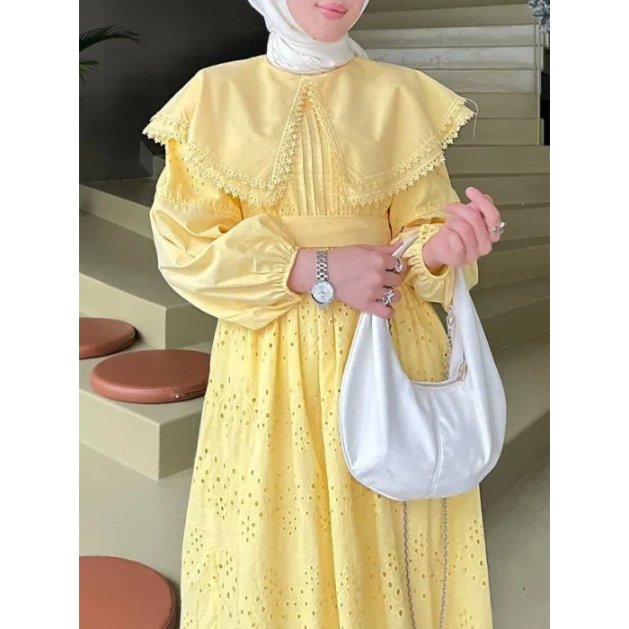 Pelerin Yaka Dantel Detaylı Elbise  -Sarı