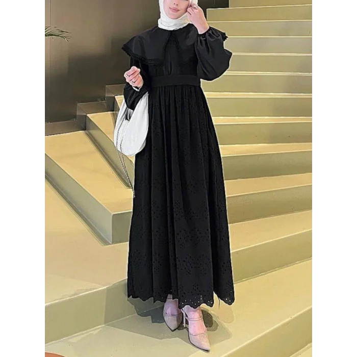 Pelerin Yaka Dantel Detaylı Elbise  -Siyah