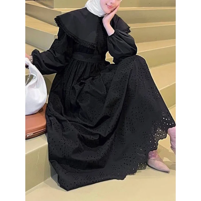 Pelerin Yaka Dantel Detaylı Elbise  -Siyah