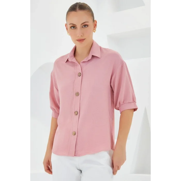 Pembe Kısa Kol Oversize Keten Gömlek 20240