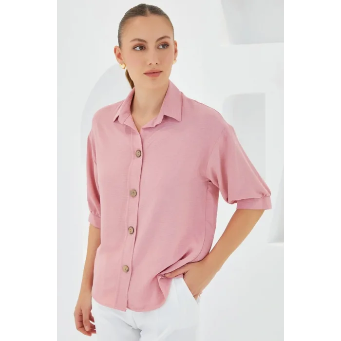 Pembe Kısa Kol Oversize Keten Gömlek 20240