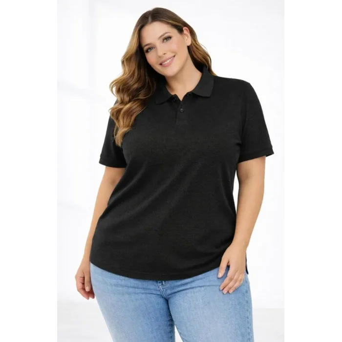 Pike Kumaş Düğmeli Yaka Battal Büyük Beden Günlük Kısa Kol Tişört T-shirt - Siyah