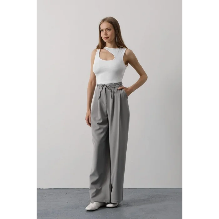 Pileli Bağcıklı Oversize Pantolon - Gri