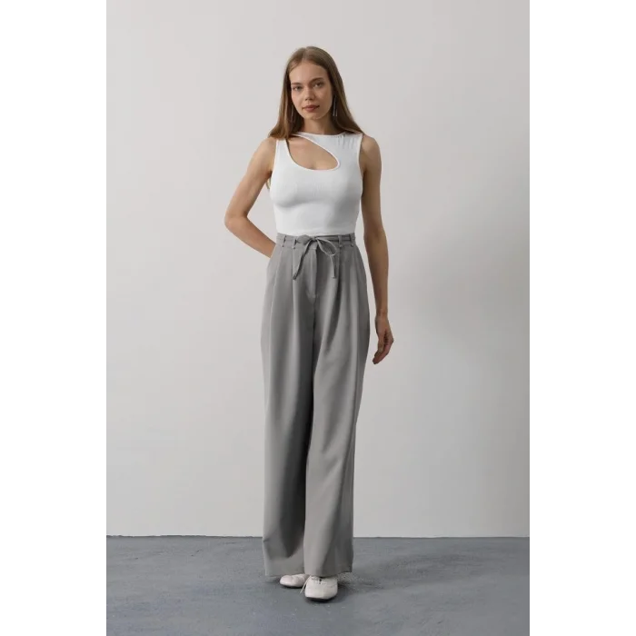Pileli Bağcıklı Oversize Pantolon - Gri