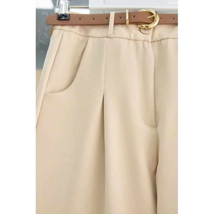 Pileli Cepli Kemerli Bilek Pantolon -Bej
