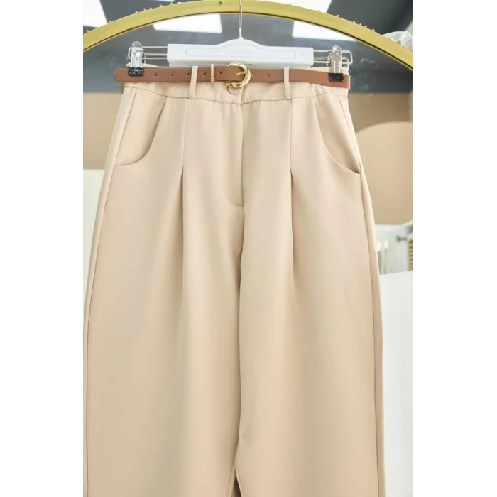 Pileli Cepli Kemerli Bilek Pantolon -Bej