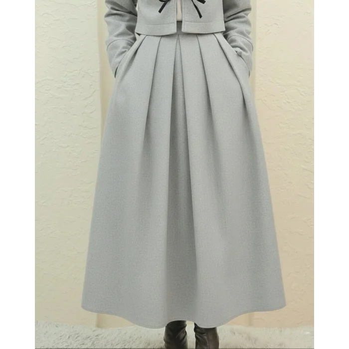 Pileli Fermuarlı Kaşe Etek    -Açık Gri