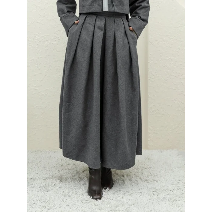 Pileli Fermuarlı Kaşe Etek   -Füme