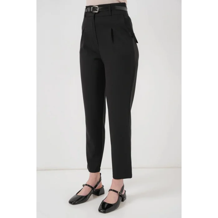 Pileli Kemerli Kumaş Pantolon 6725 - Siyah