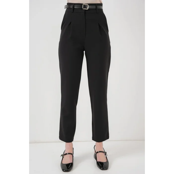 Pileli Kemerli Kumaş Pantolon 6725 - Siyah