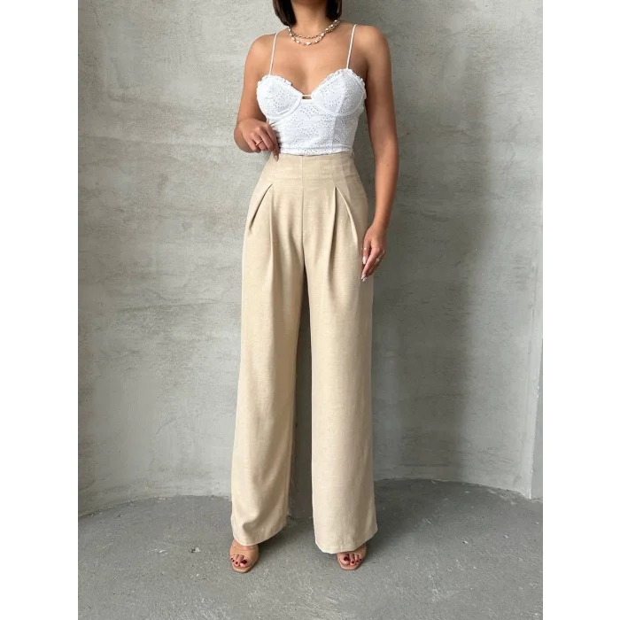 Pileli keten pantolon s255046