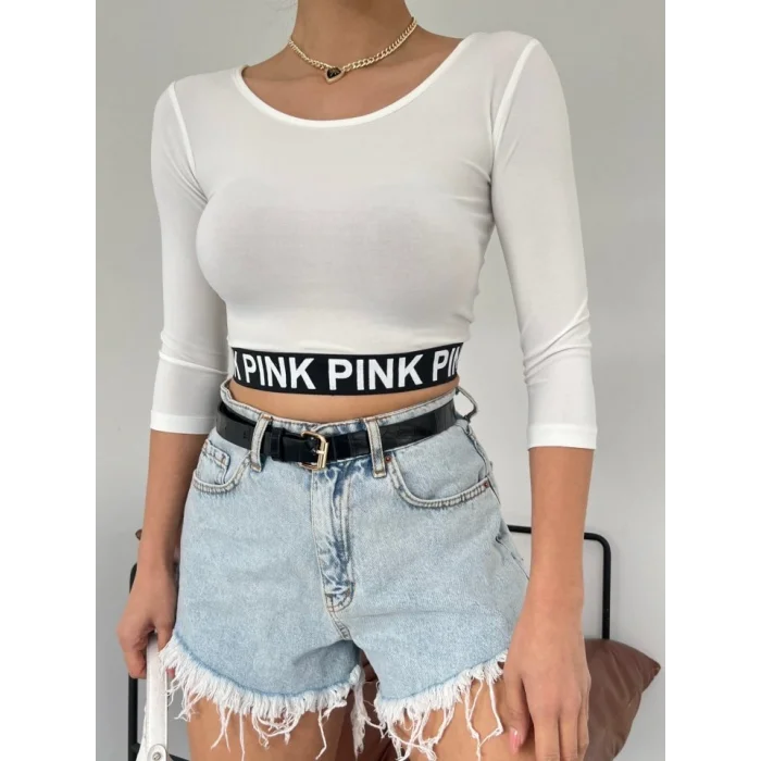 Pink Yazılı Fakir Kol Lastikli Crop -Ekru