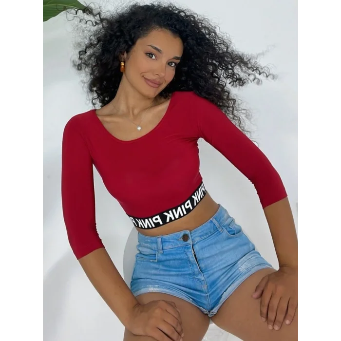 Pink Yazılı Fakir Kol Lastikli Crop -Kırmızı
