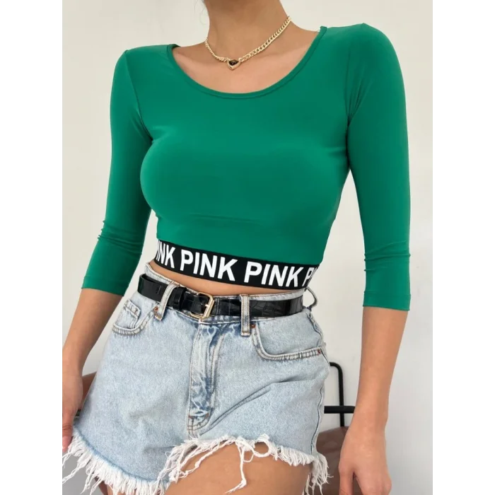 Pink Yazılı Fakir Kol Lastikli Crop -Yeşil