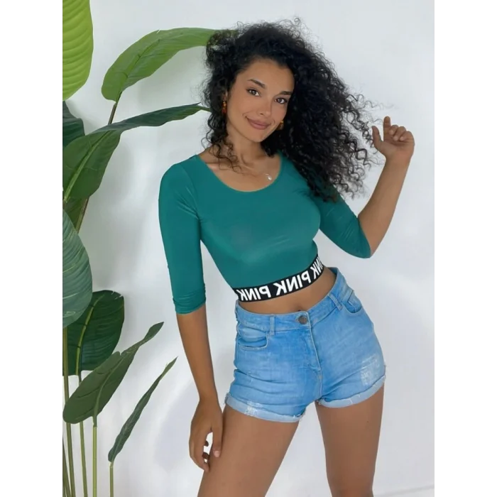 Pink Yazılı Fakir Kol Lastikli Crop -Yeşil