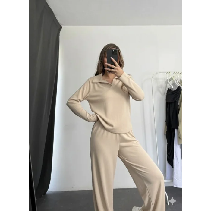 Polo yaka alt üst kollu modal takım bej pt