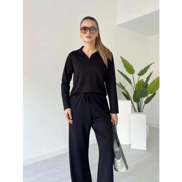 Polo yaka alt üst kollu modal takım siyah pt