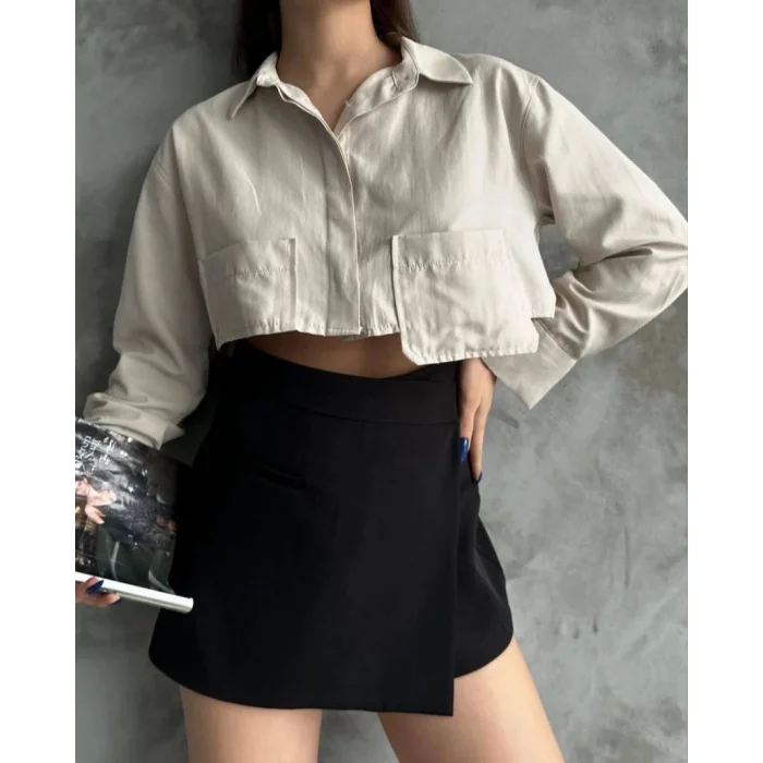 Poplin crop gömlek bej s3060