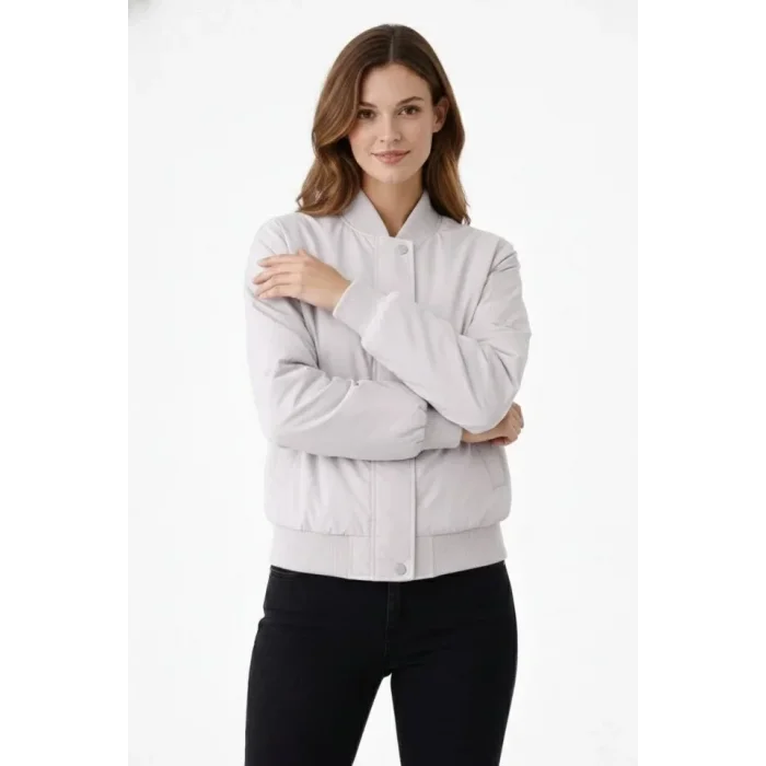 Premium Bomber Ceket Çıtçıt Kapamalı, Ribana Manşetli, Astarlı, Regular Fit Mont - Beyaz