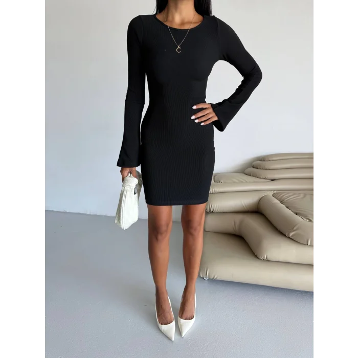 Prenses kol esnek kumaş elbise siyah f2334