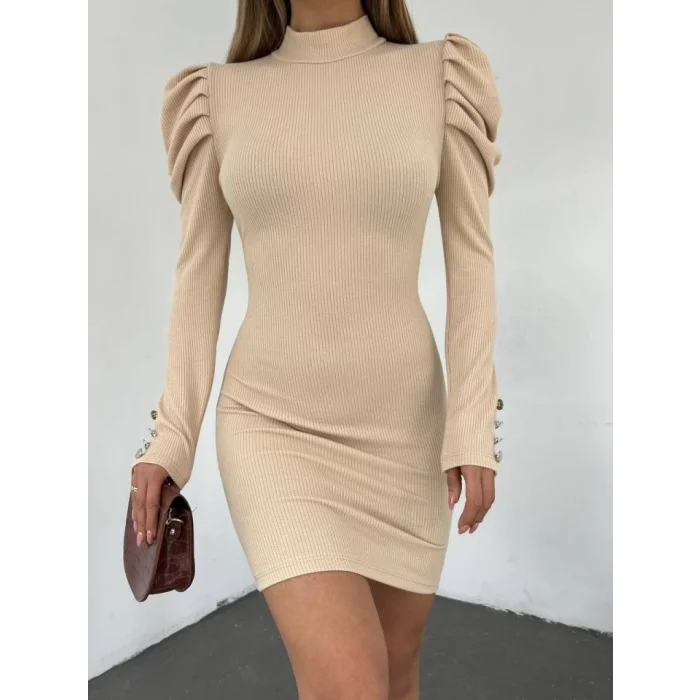 Prenses Omuz Kol Ucu Düğmeli Elbise  -Bej
