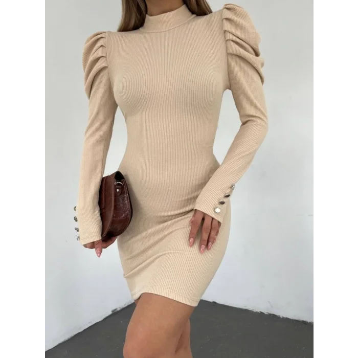 Prenses Omuz Kol Ucu Düğmeli Elbise  -Bej