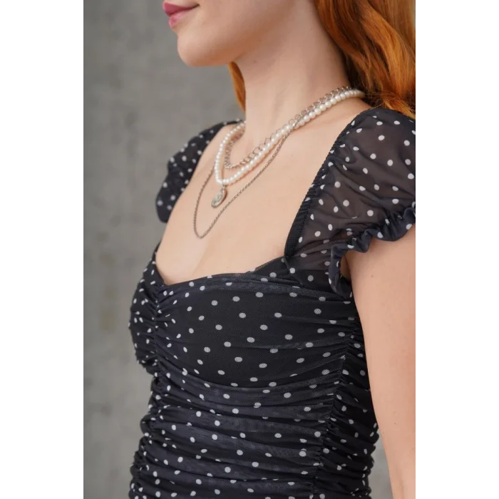 Puantiyeli Belden Oturtmalı Tül Siyah Bluz