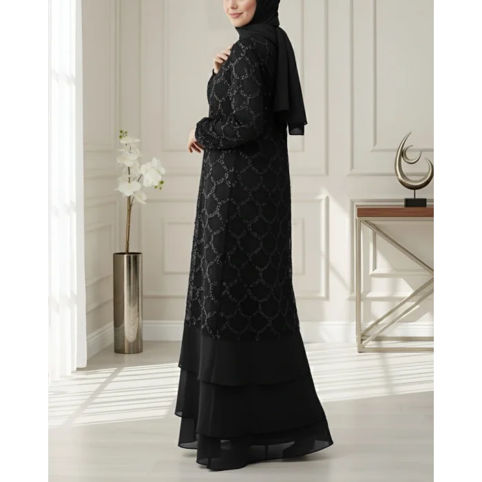Pul Payetli Eteği Katlı Kemerli İkili Abaya -Siyah