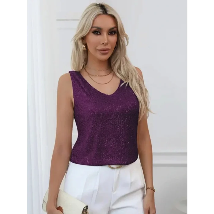 Pul Payetli Sıfır Kol Bluz -Mürdüm