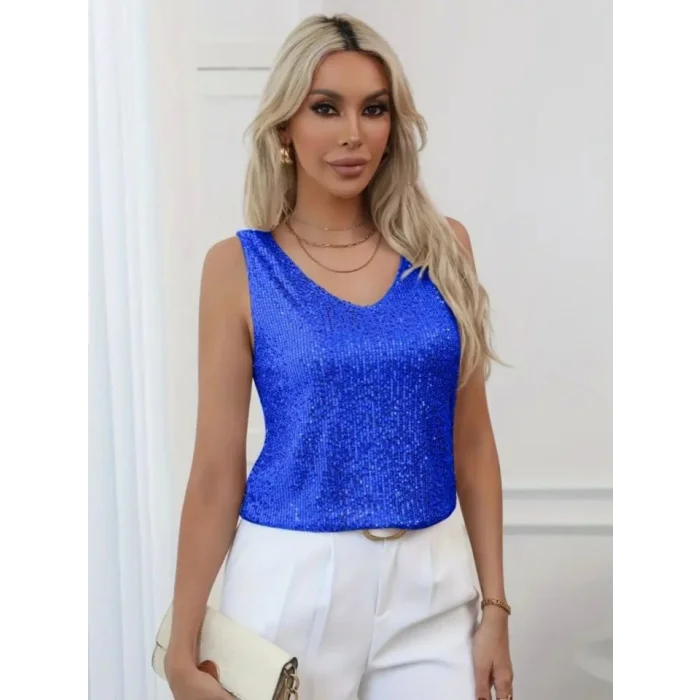 Pul Payetli Sıfır Kol Bluz -Saks