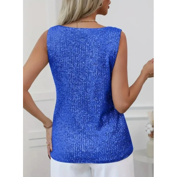 Pul Payetli Sıfır Kol Bluz -Saks