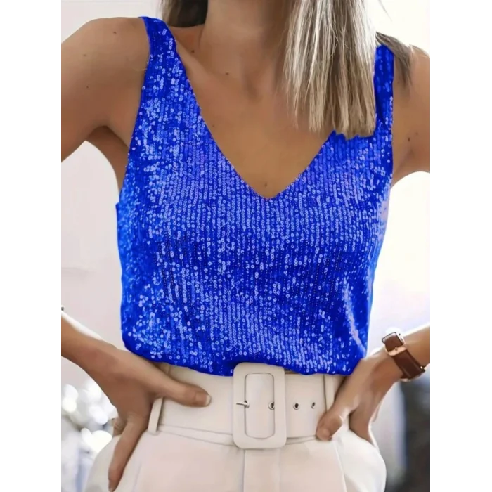 Pul Payetli Sıfır Kol Bluz -Saks