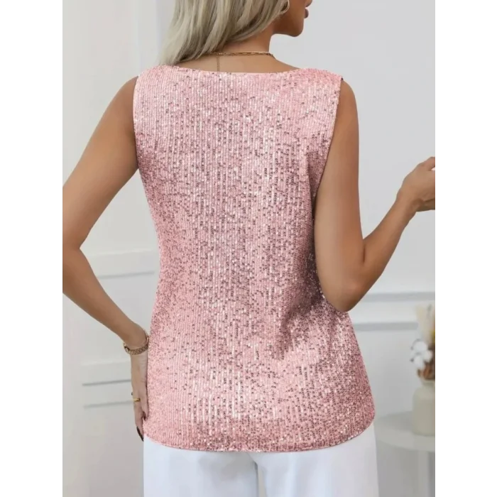 Pul Payetli Sıfır Kol Bluz -Somon