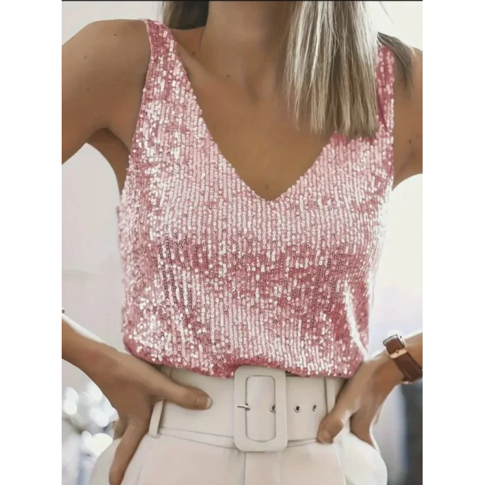 Pul Payetli Sıfır Kol Bluz -Somon