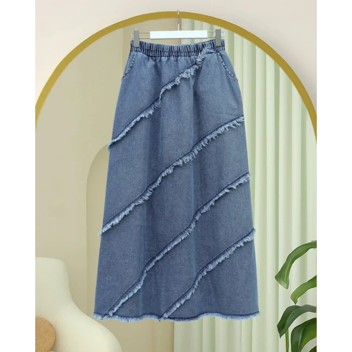 Püskül Detaylı Beli Lastikli Kot Etek  -Mavi