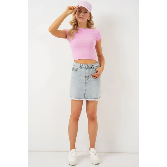 Püsküllü Mini Kot Etek 8051 - Mavi