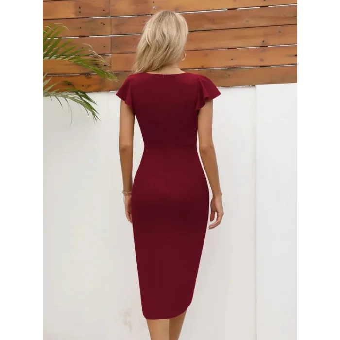 QKadın Kısa Kollu Kalp Yaka Yanlardan Büzgü Detay Midi Janjan Krep Elbise