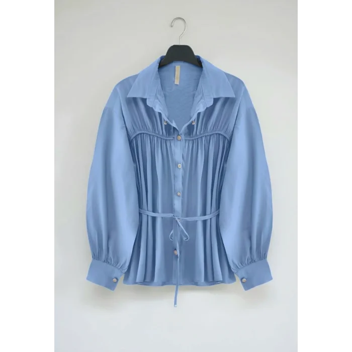 Robadan Büzgülü Beli Bağcıklı Gömlek -Bebe Mavi