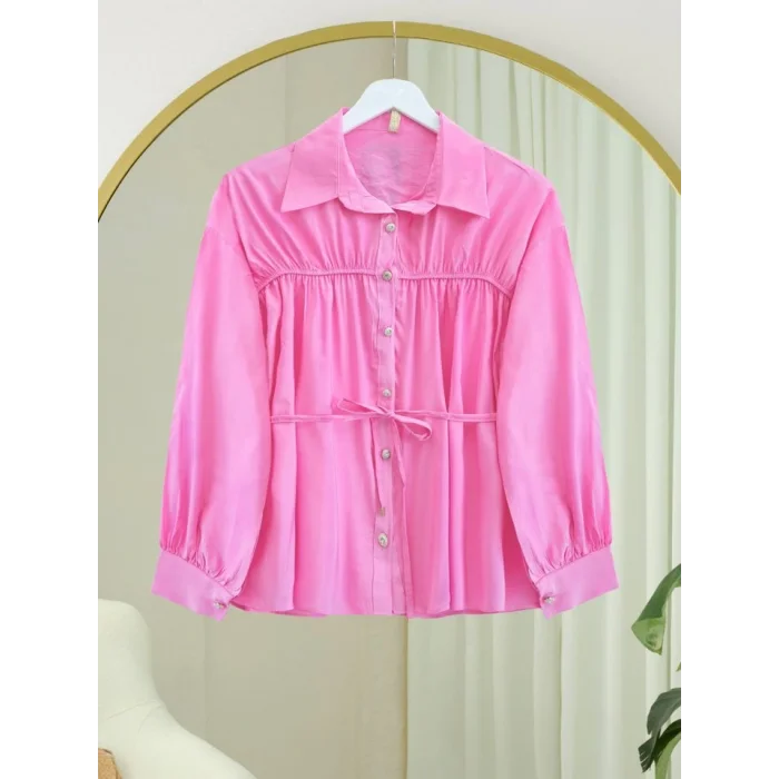 Robadan Büzgülü Beli Bağcıklı Gömlek -Pembe