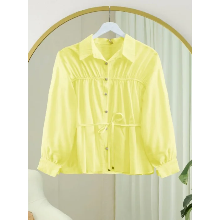 Robadan Büzgülü Beli Bağcıklı Gömlek -Sarı