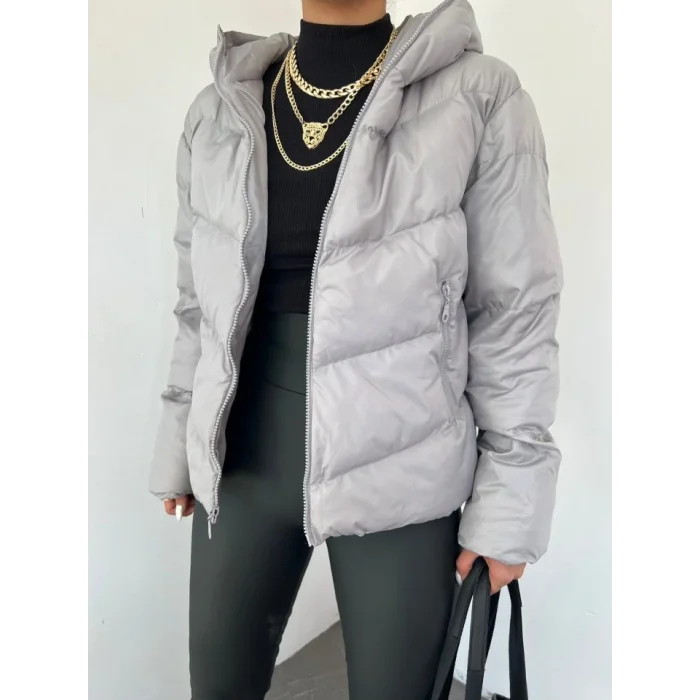 Sabit Kapşonlu Fermuarlı Kışlık Mont -Gri