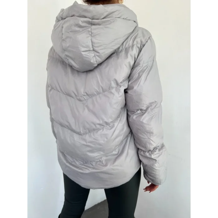 Sabit Kapşonlu Fermuarlı Kışlık Mont -Gri