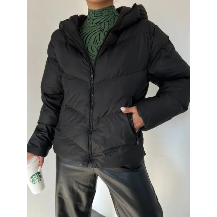 Sabit Kapşonlu Fermuarlı Kışlık Mont -Siyah