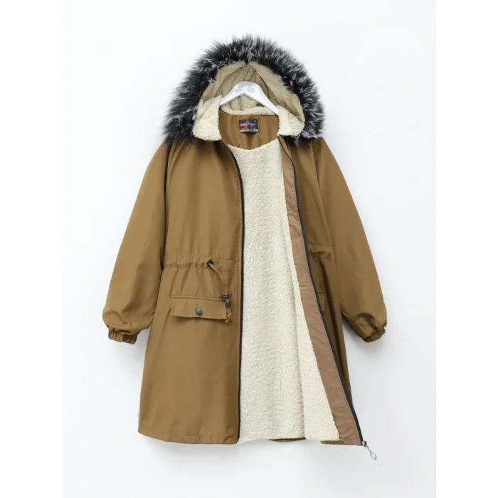 Sabit Kapşonlu İçi Kürklü Bondit Kaban -Taba