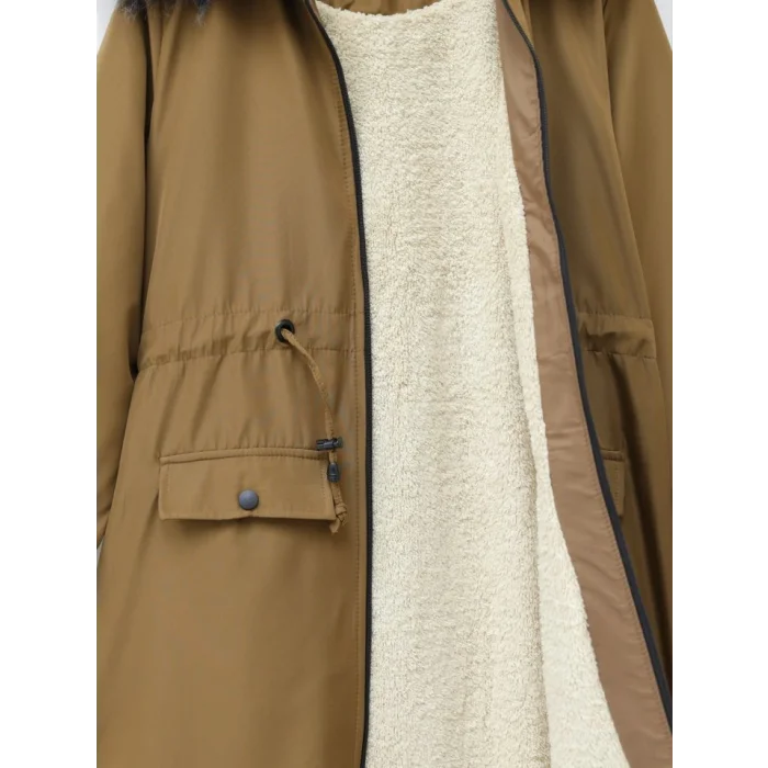 Sabit Kapşonlu İçi Kürklü Bondit Kaban -Taba