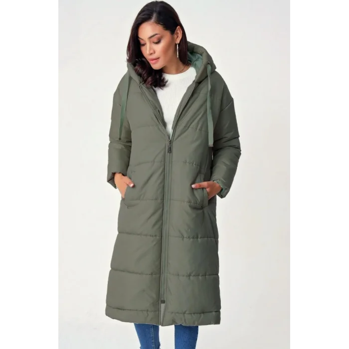 Sabit Kapşonlu Kuş Gözü Detaylı Uzun Kaban   -Haki