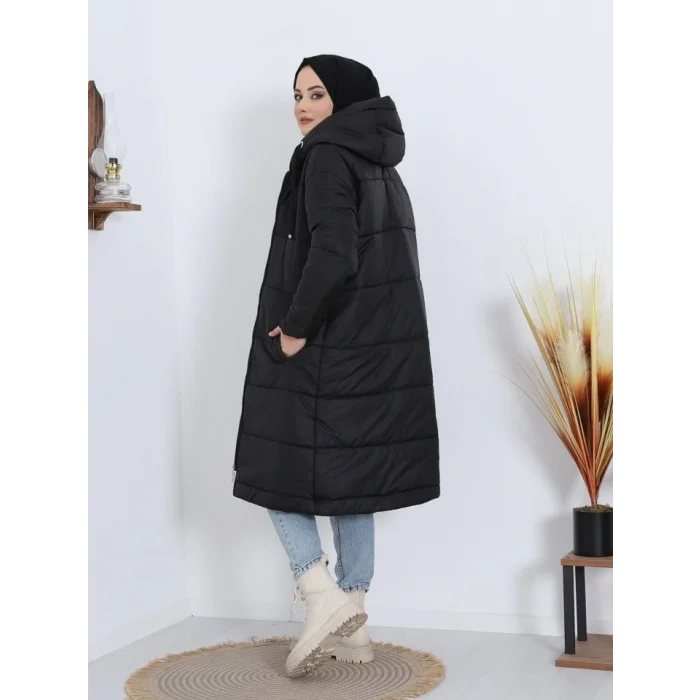 Sabit Kapşonlu Kuş Gözü Detaylı Uzun Kaban -Siyah